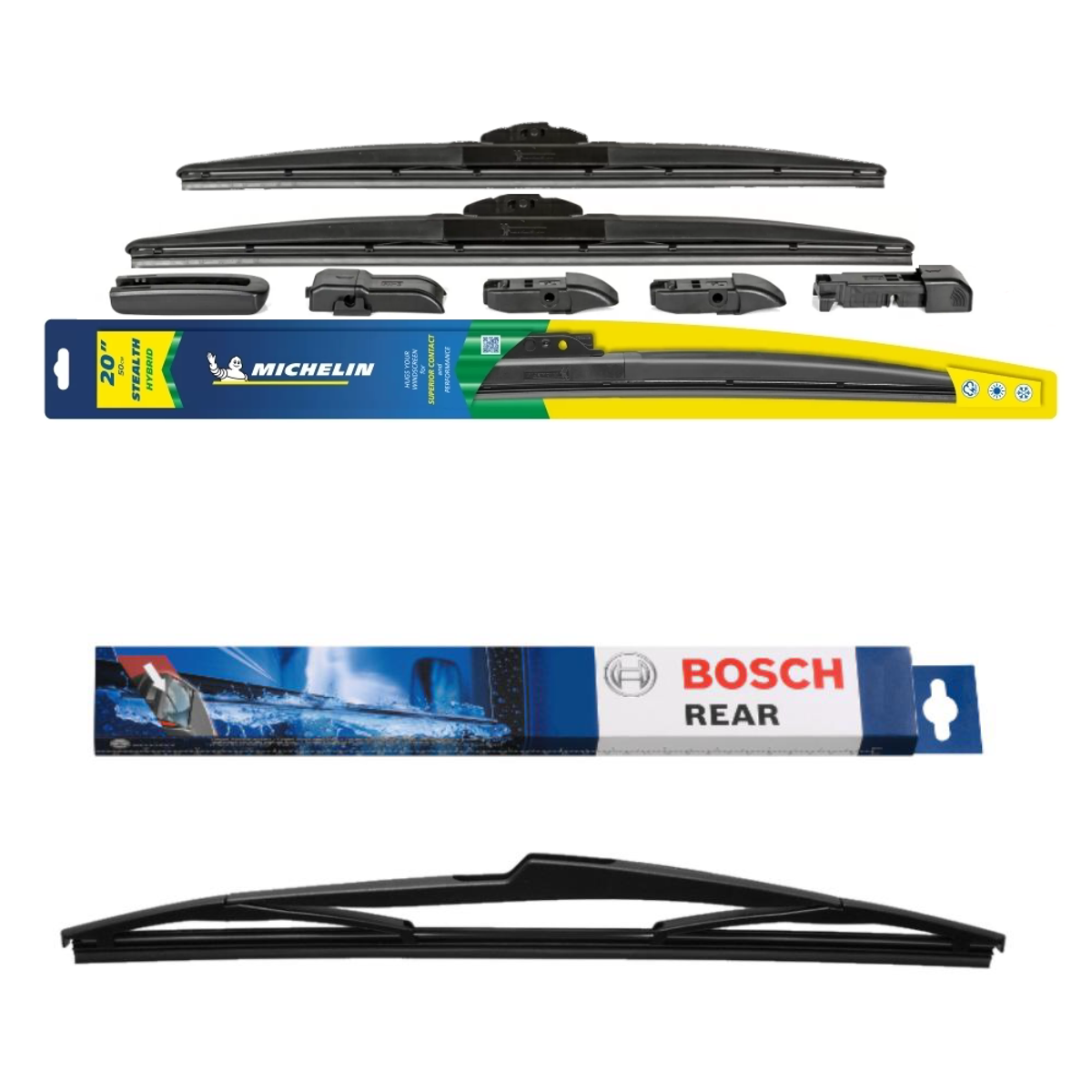 Michelin Stealth and Bosch Rear Screen Triple Pack Windscreen Wipers